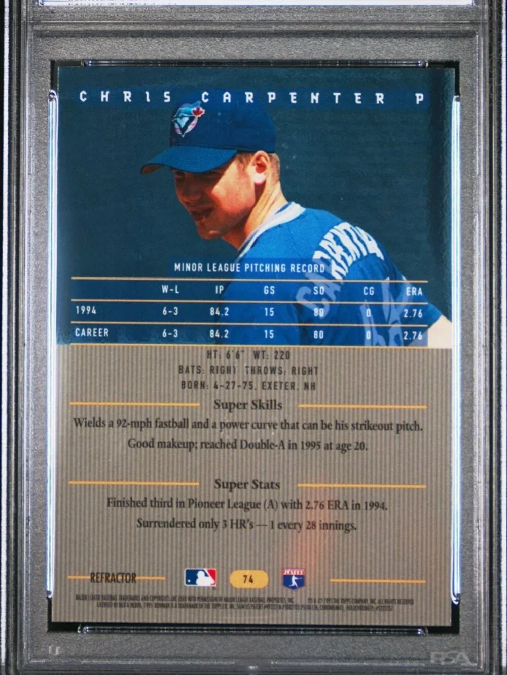 1995 Bowman's Best Refractor CHRIS CARPENTER #74 PSA 9 Mint Rookie